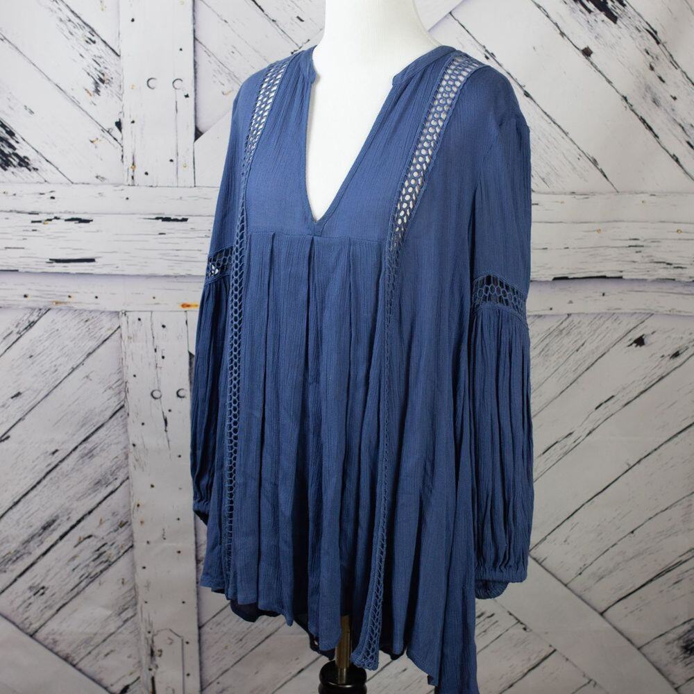 Free People Blue Just The Two Of Us Tunic Long Sleeve Hi-Lo Boho Mini Dress XS